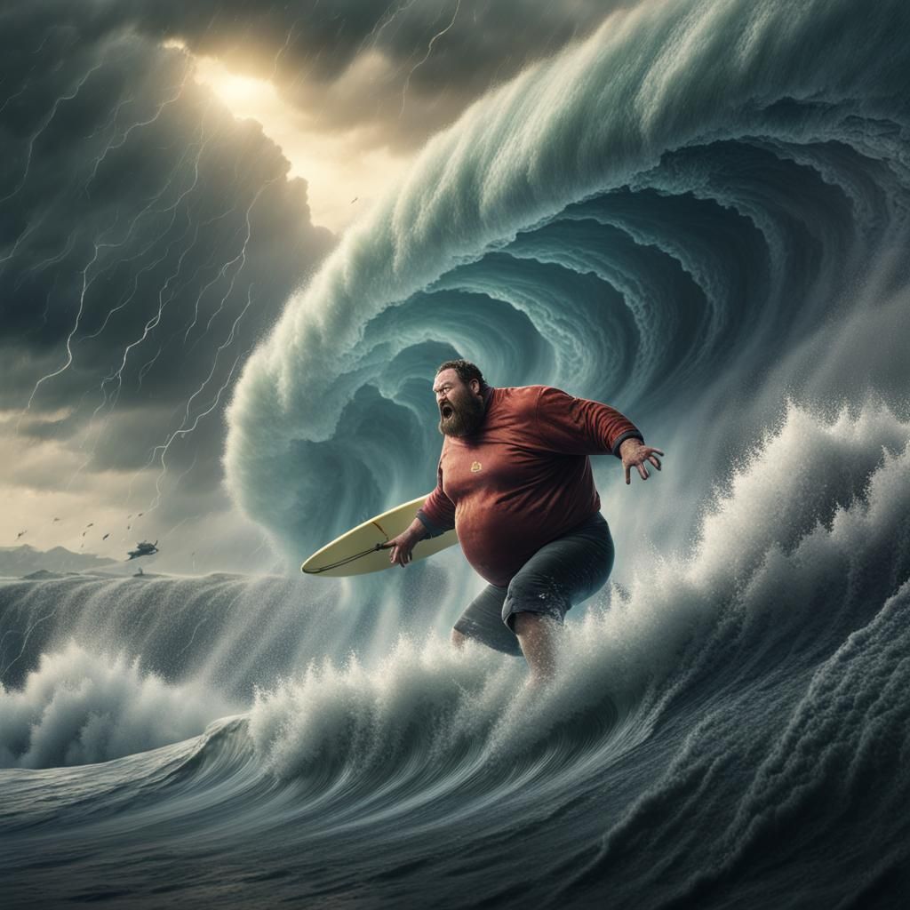 A big hairy man surfing