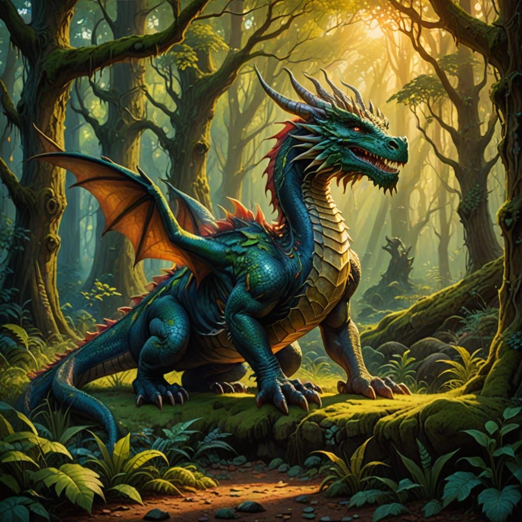 Dragon in Sunlit Forest Clearing: Oil Painting