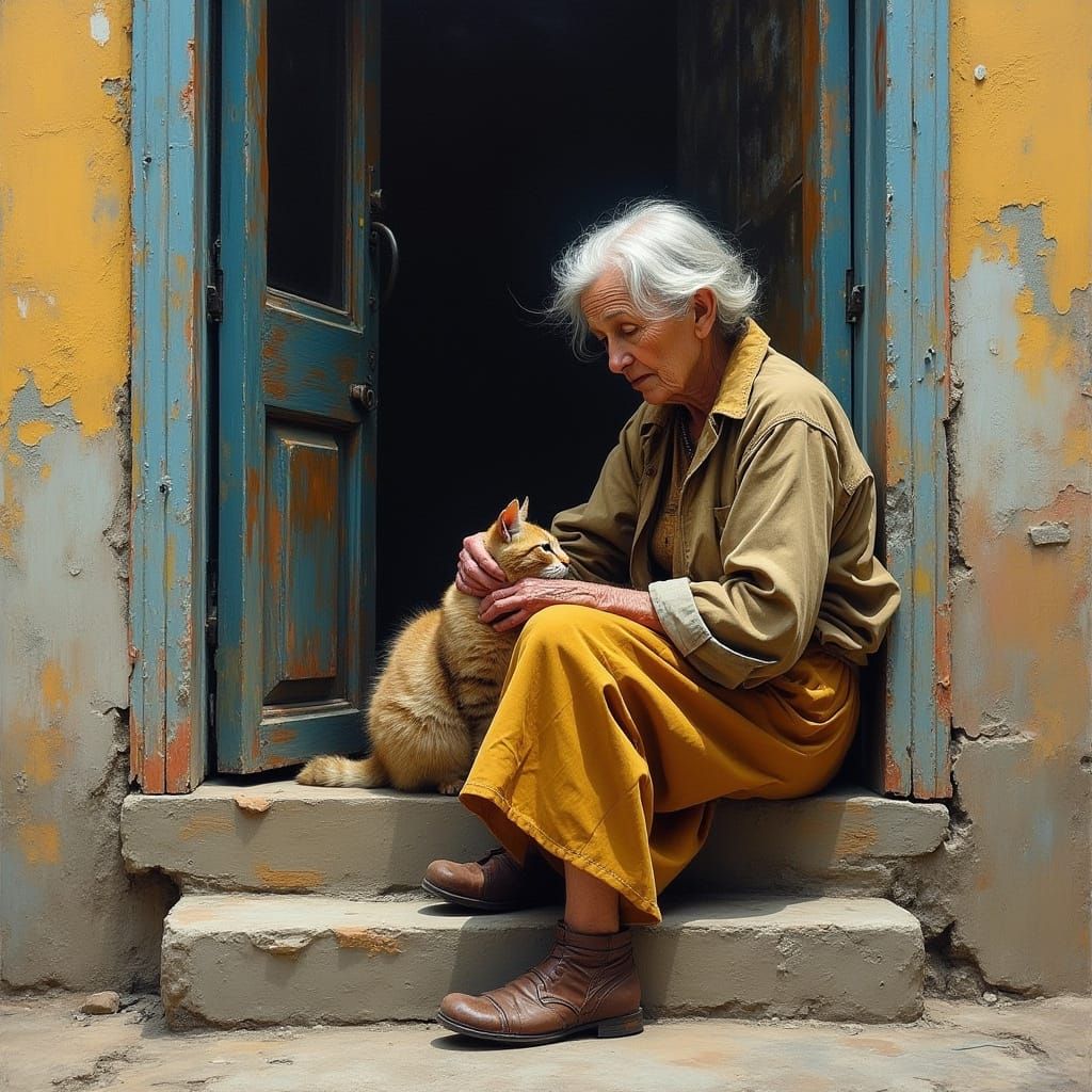 Expressionist Old Woman with Cat on Doorstep
