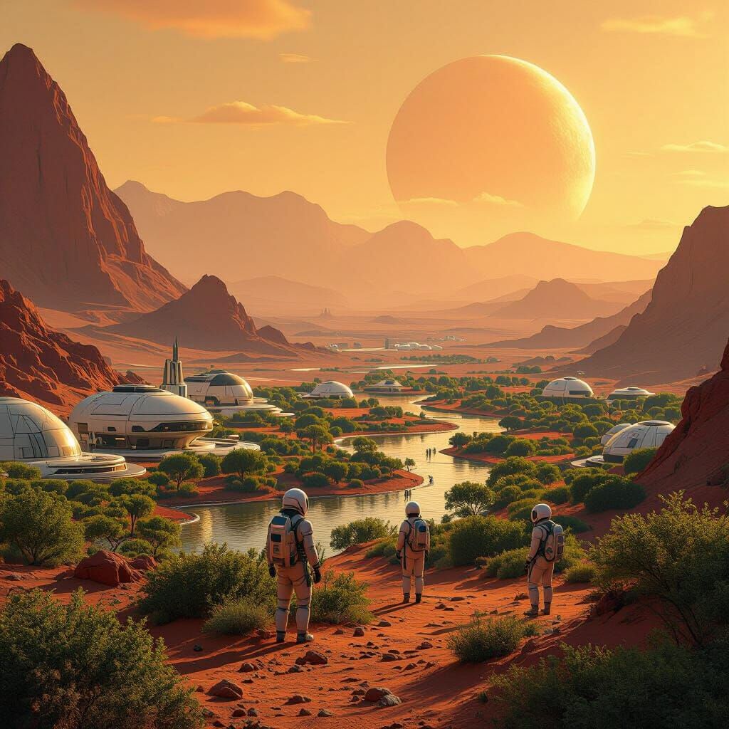 Thriving Martian Village After Terraforming, in Sci-Fi Style