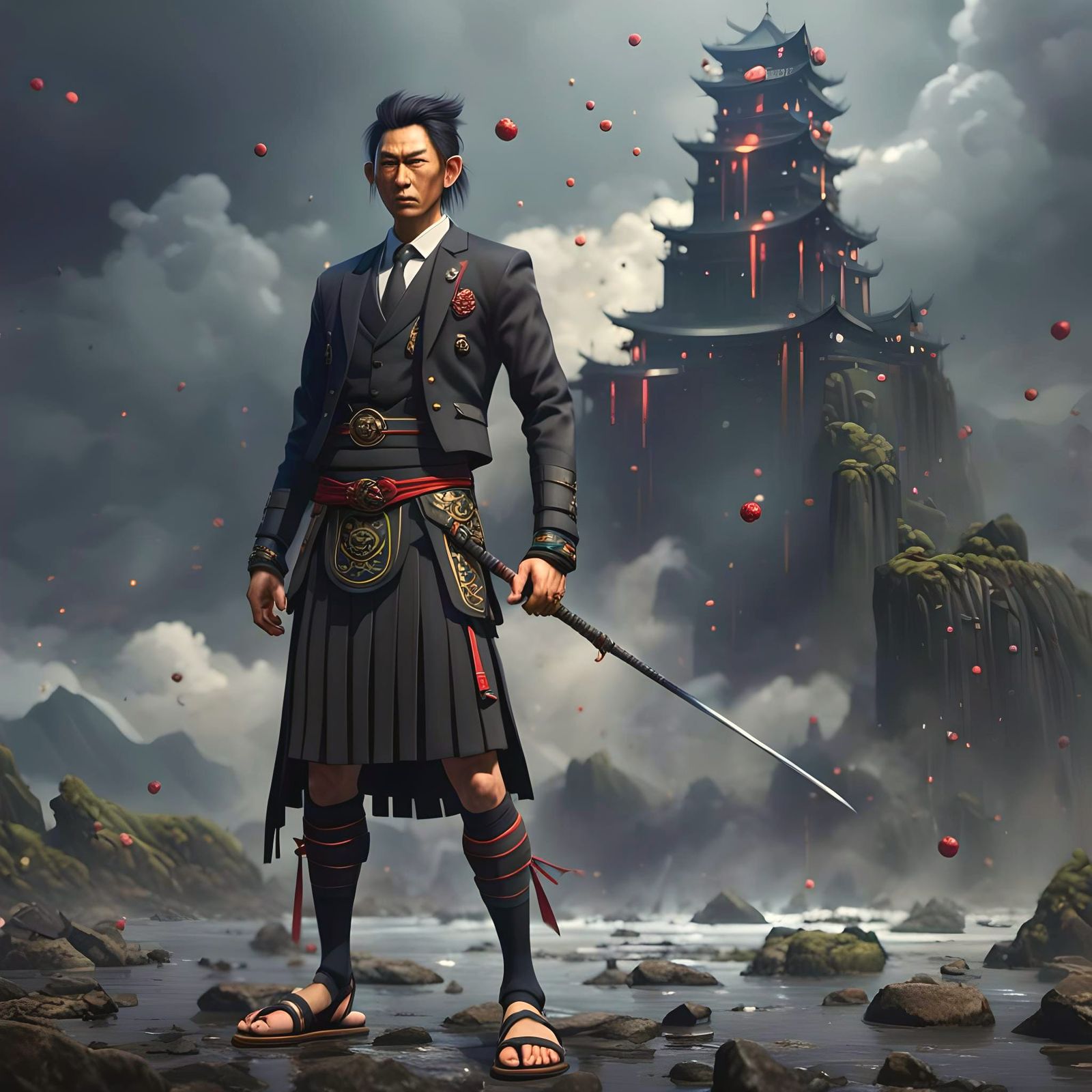 Intense Asian Man in Kilt: Detailed Matte Painting