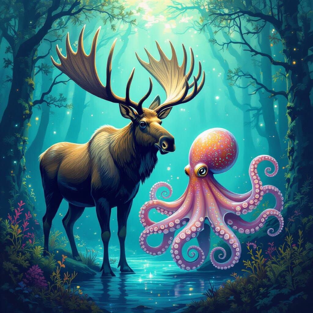 Whimsical Moose-Octopus Hybrid in Bioluminescent Forest
