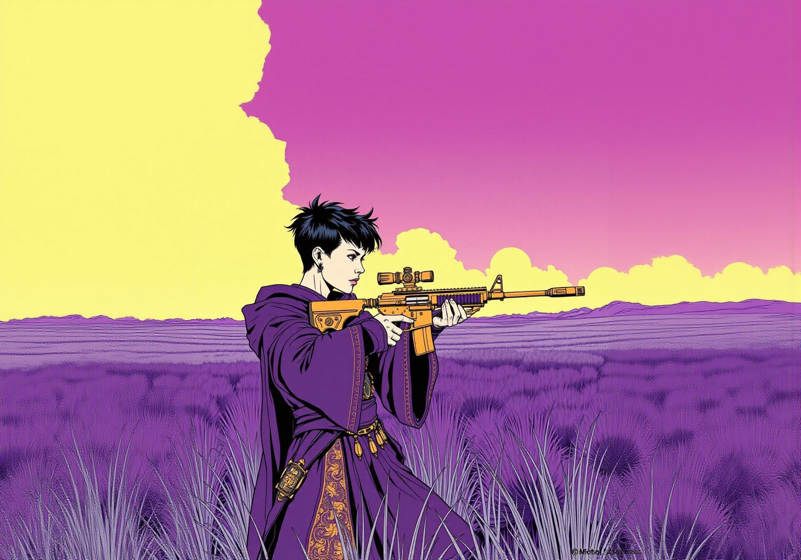 Huntress in Ultraviolet Grasslands: Minimalist Illustration