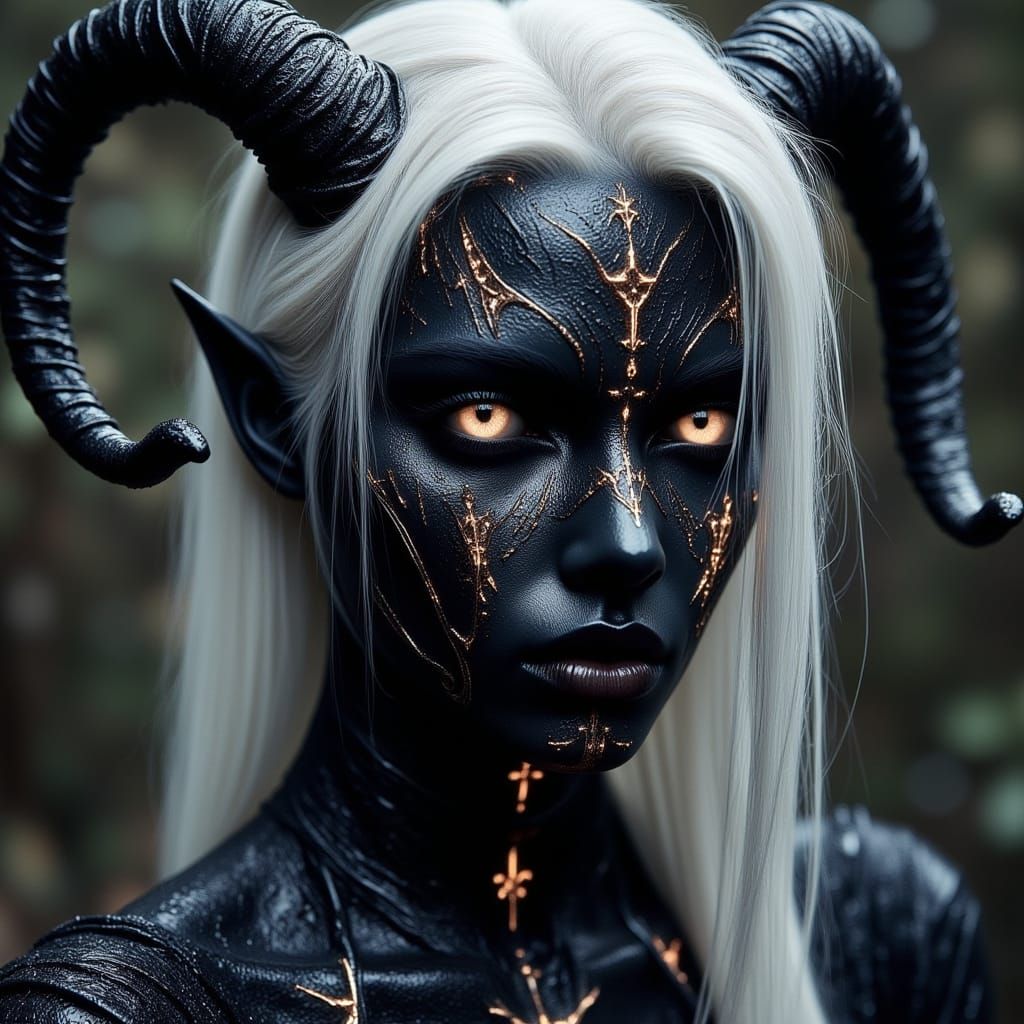 Drow Elf with White Hair and Glowing Runes
