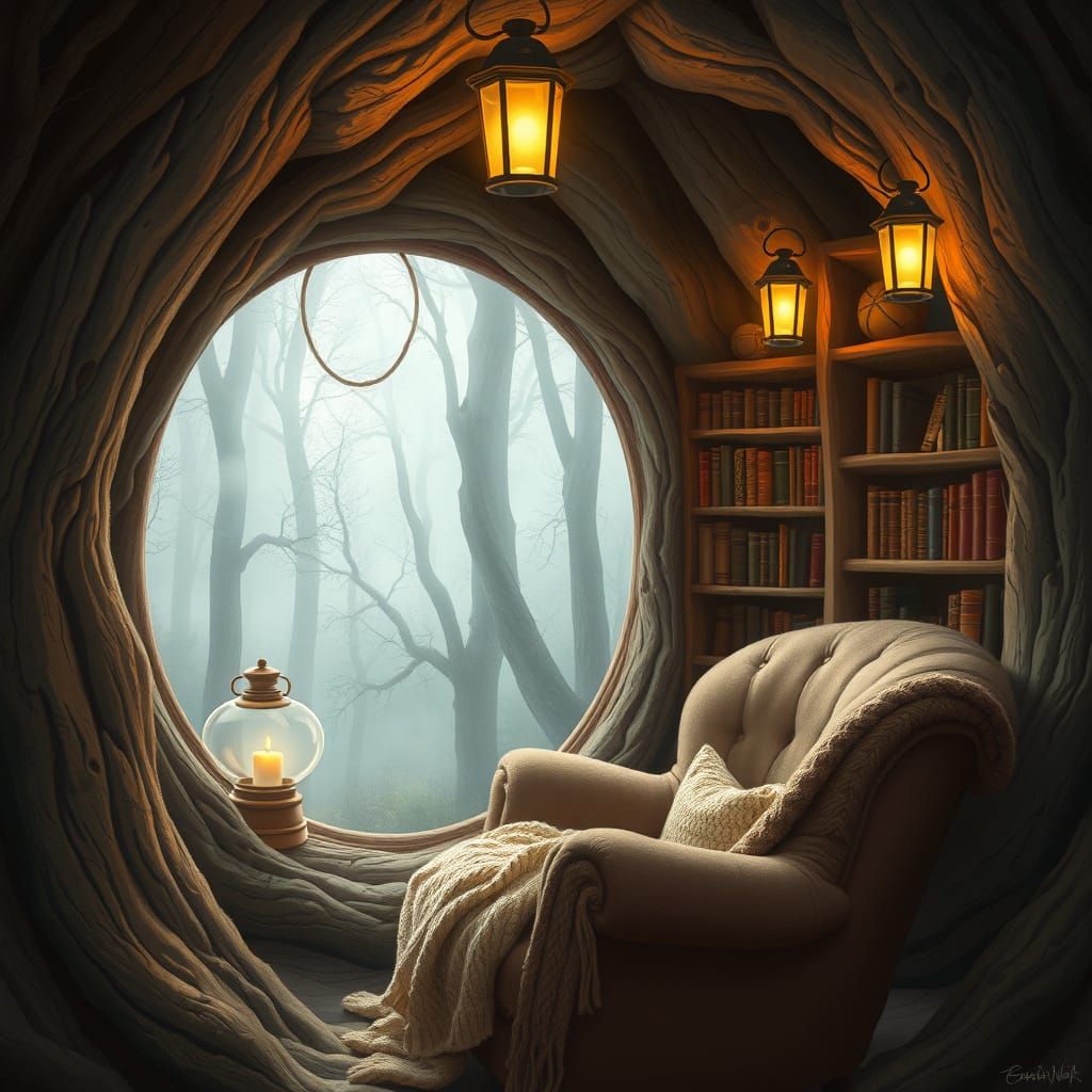 Enchanted Tree Reading Nook in Digital Painting Style