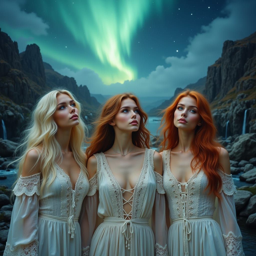 Nordic Women Under Aurora Borealis in Hyperrealistic Style