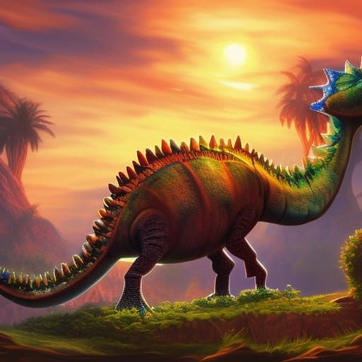 Steampunk Stegosaurus in Lush Jungle Sunset