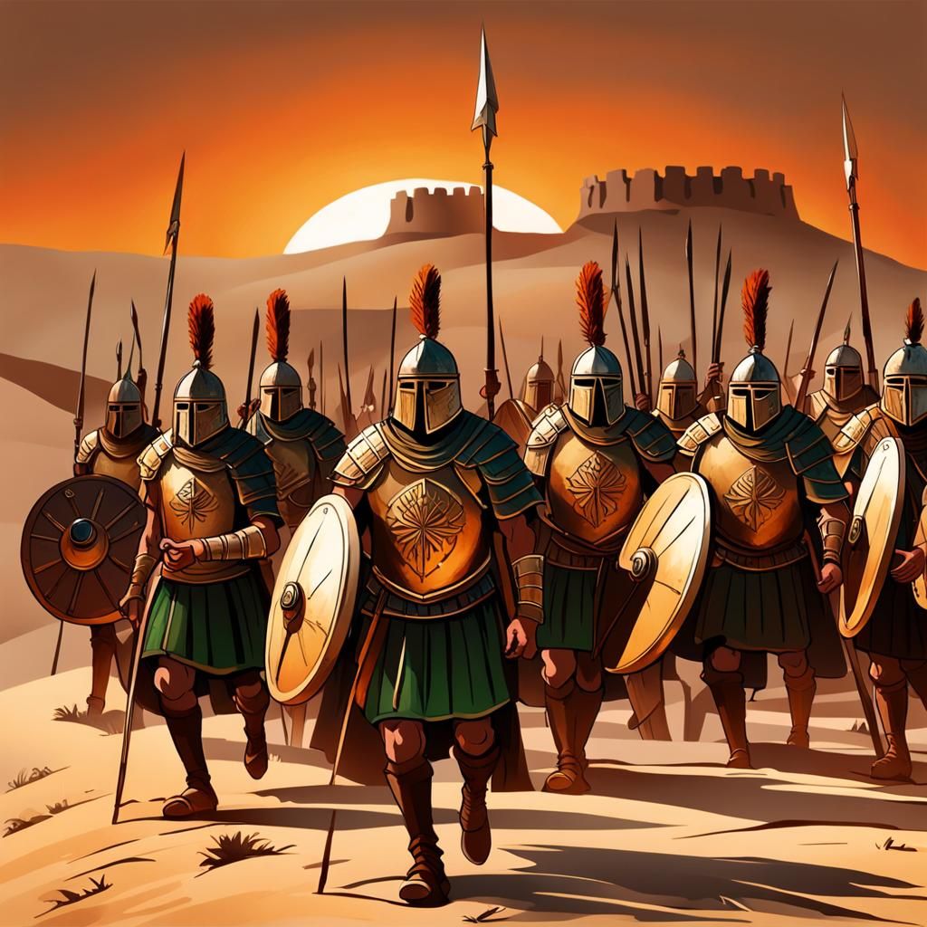 Ancient Greek Hoplites Defending Desert Garrison