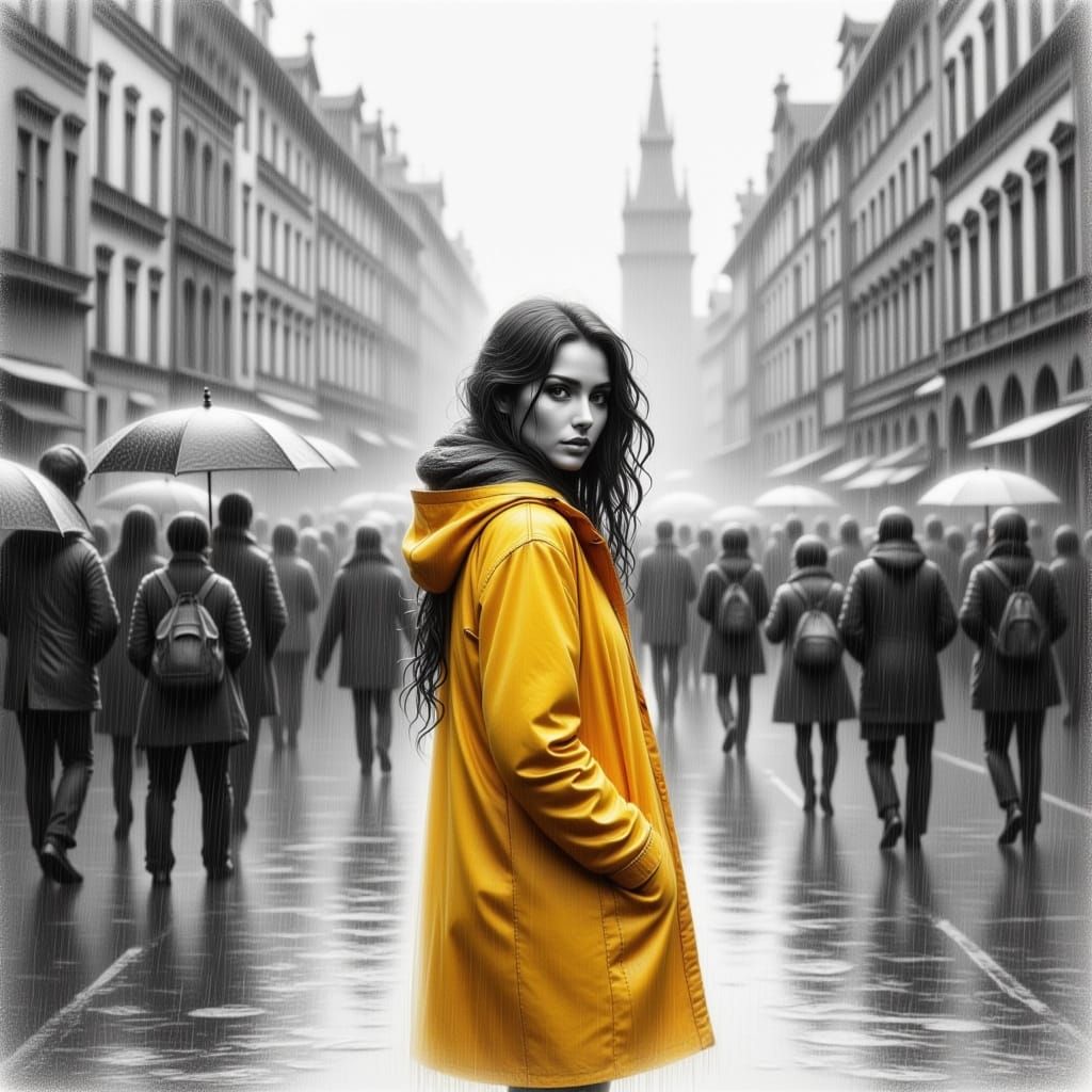 Krakow Square in Rain, Charcoal Sketch of Woman in Yellow Co...