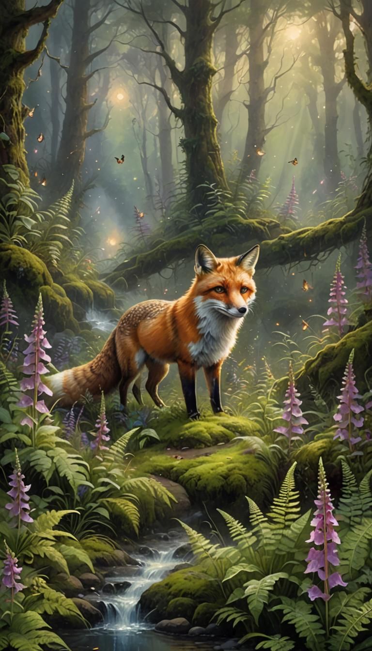 Fox in Ethereal Forest with Fireflies