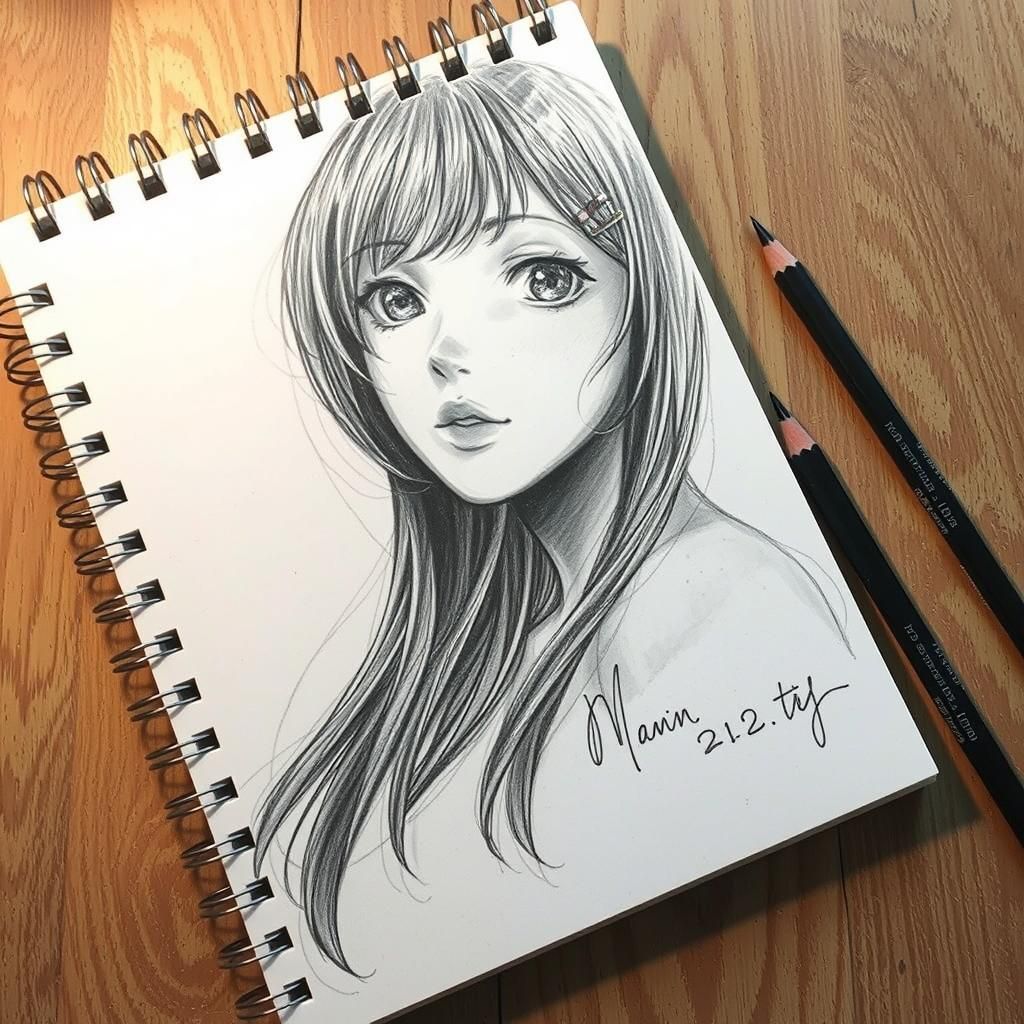 Anime-Inspired Charcoal Portrait of a Beautiful Girl