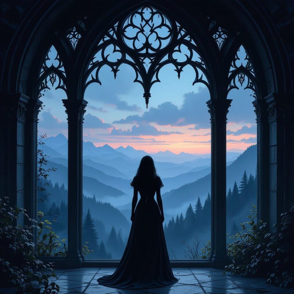 Woman Gazes at Mountains from Gothic Window in Twilight