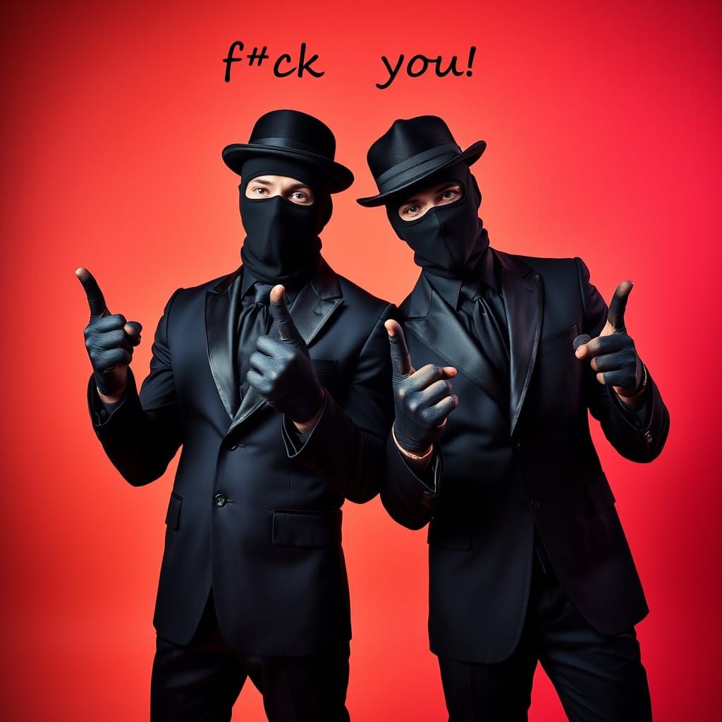 Rebellious Men in Suits with Provocative Gestures