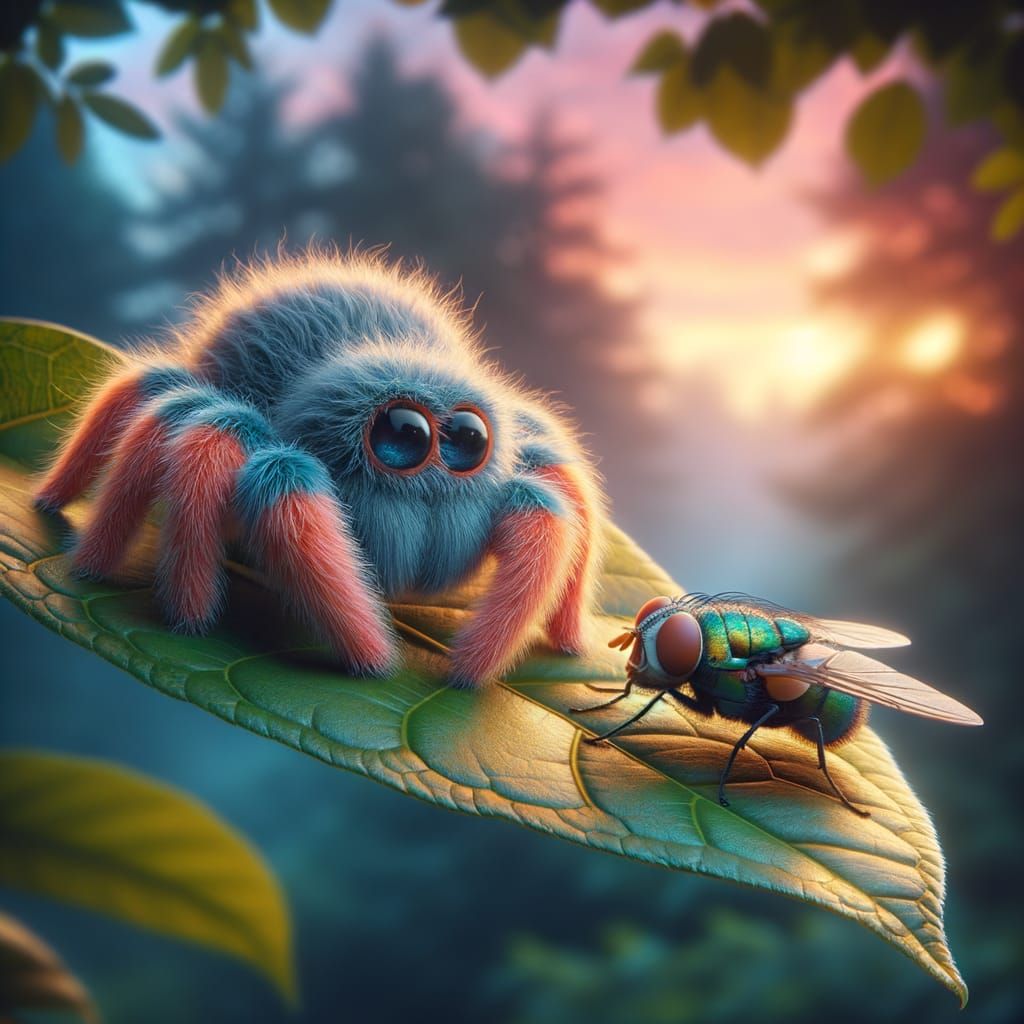 Cute Spider and Fly Watching Dusk in a Tree