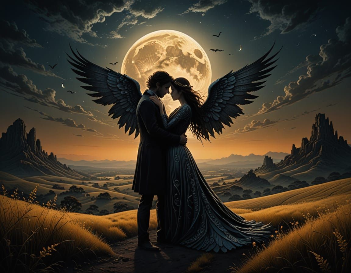 Whimsical Surrealism Masterpiece: Winged Couple in Moonlit L...