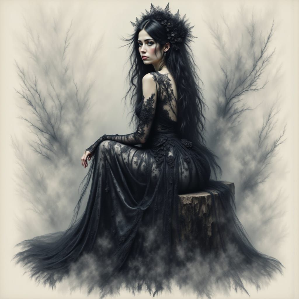Pensive Woman in Gothic Watercolor with Lace