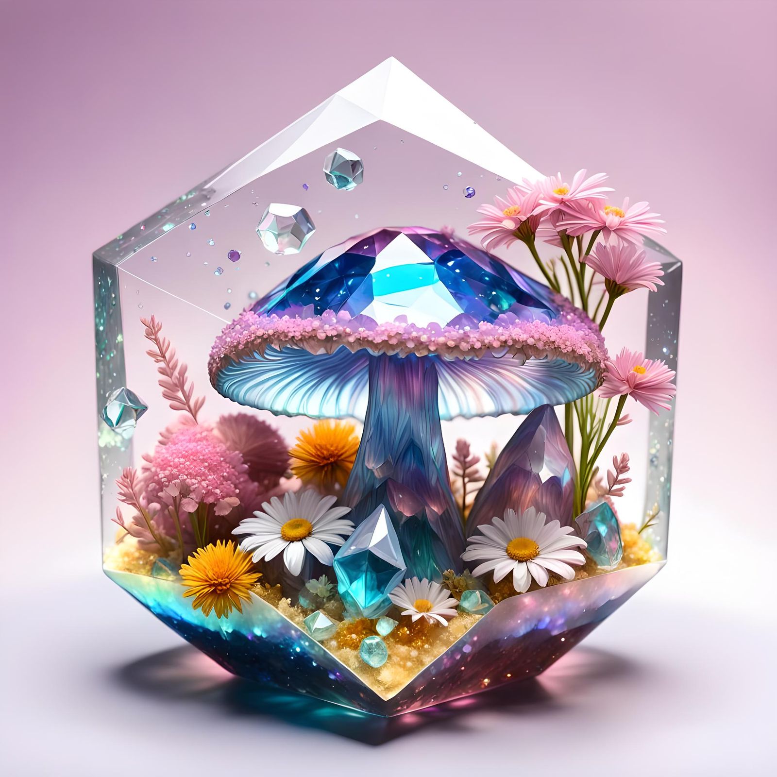 Rainbow Quartz Mushroom in Glass Icosahedron