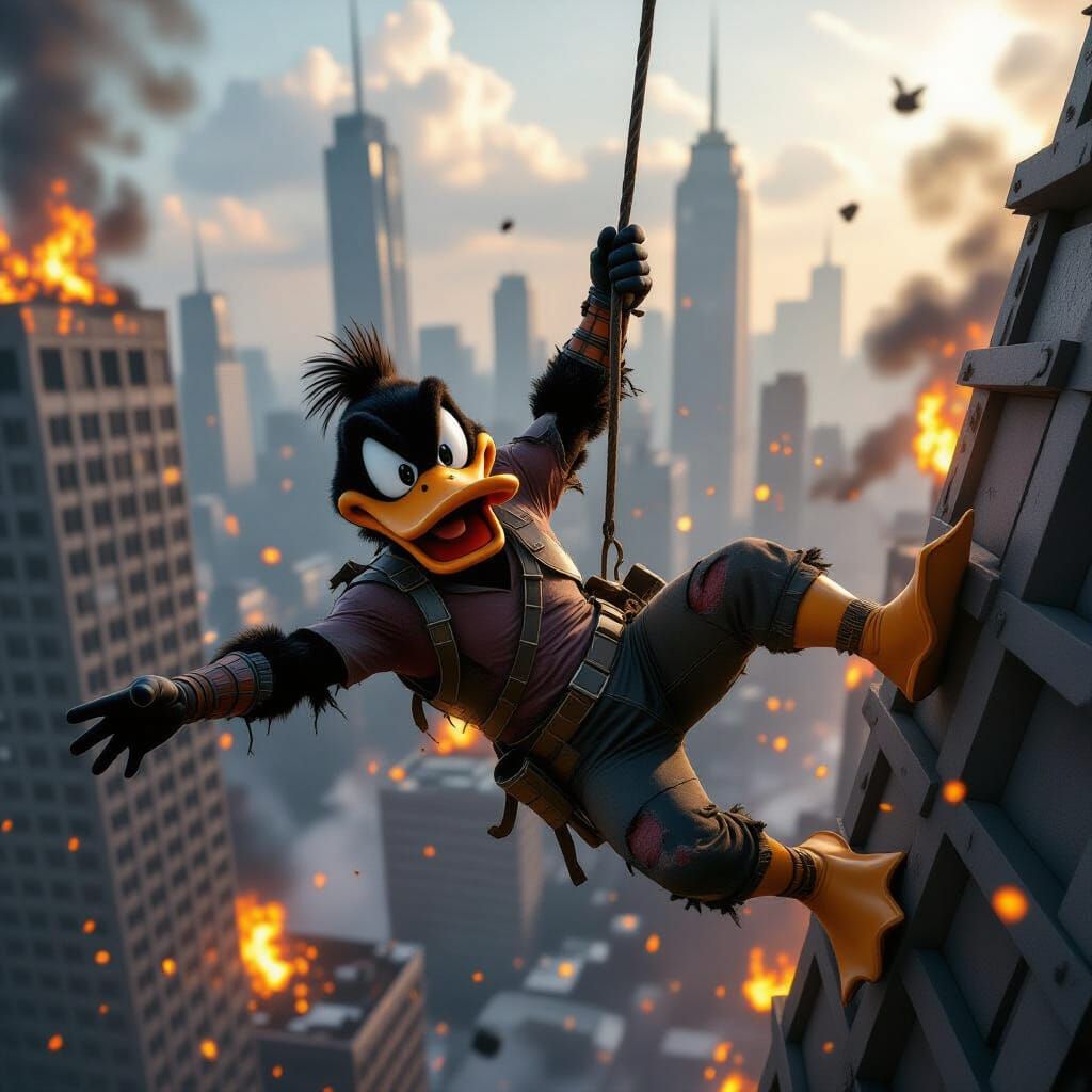 Daffy Duck-like Character Surviving Skyscraper Disaster