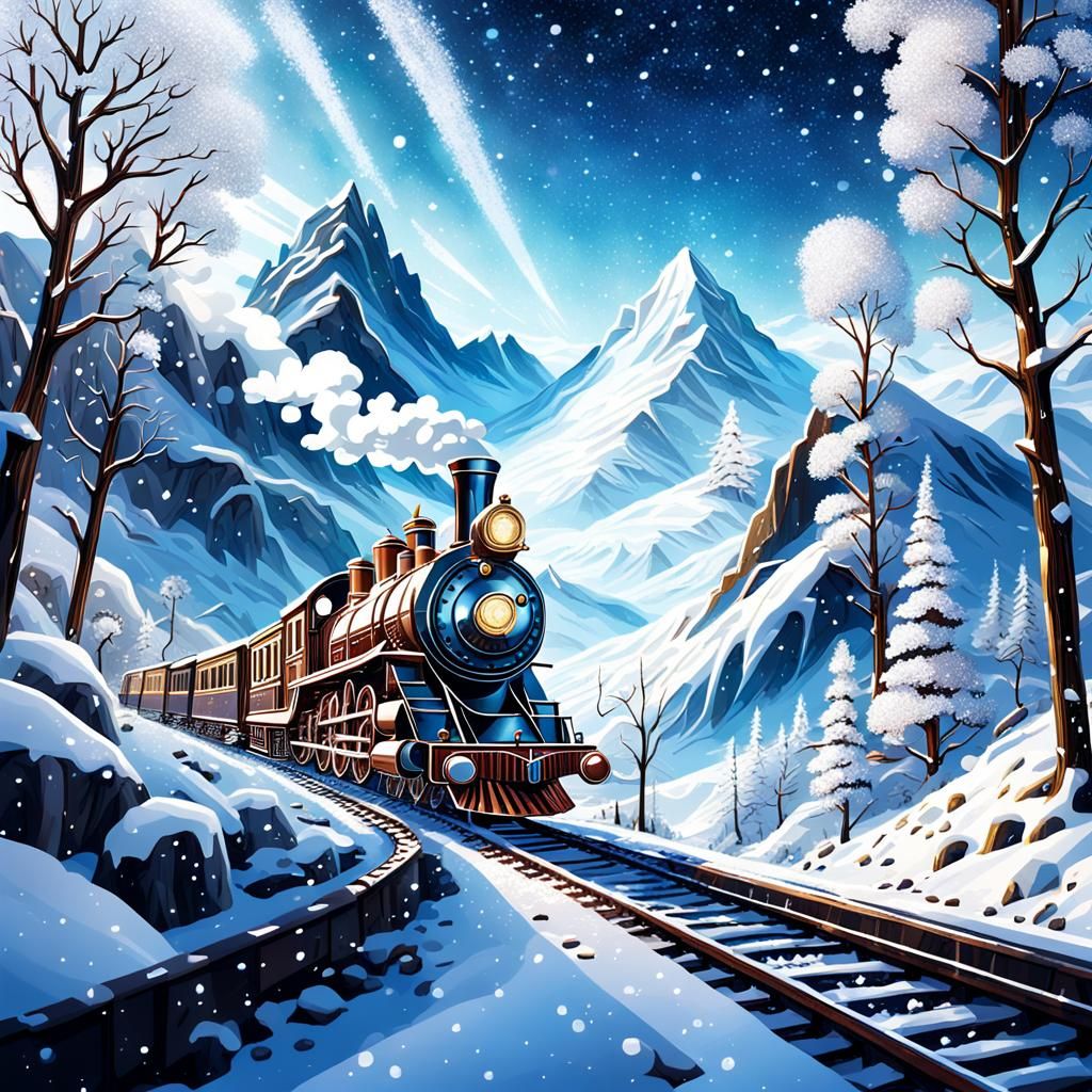 Steampunk Train Journey in Crystal Snowscape