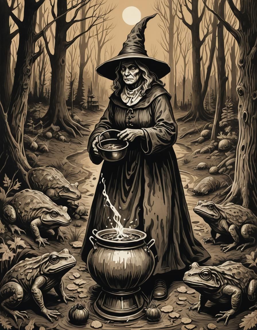 Eerie Puritan Witch with Demon Toads in Woodcut Style