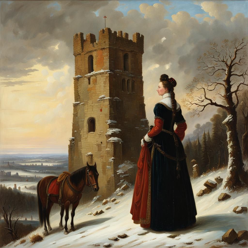 Elizabethan Woman in Snowy Landscape, Oil Painting