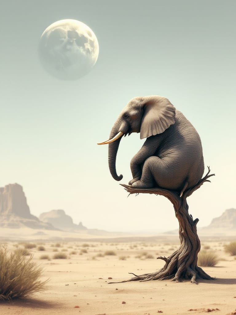 Surreal Elephant Perched on Branch in Desert