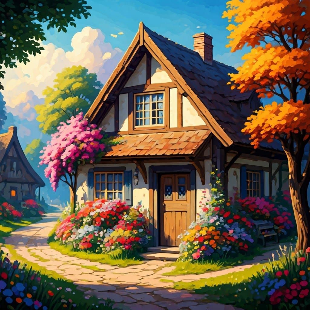 Floral Cottage in Naive Impressionist Style
