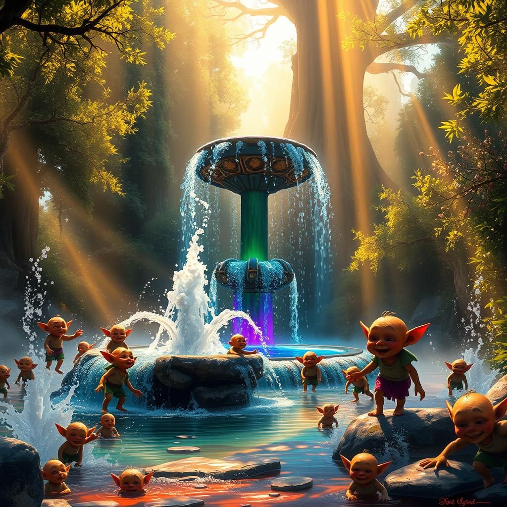 Goblins Frolicking by Rainbow Fountain in Fantasy Landscape