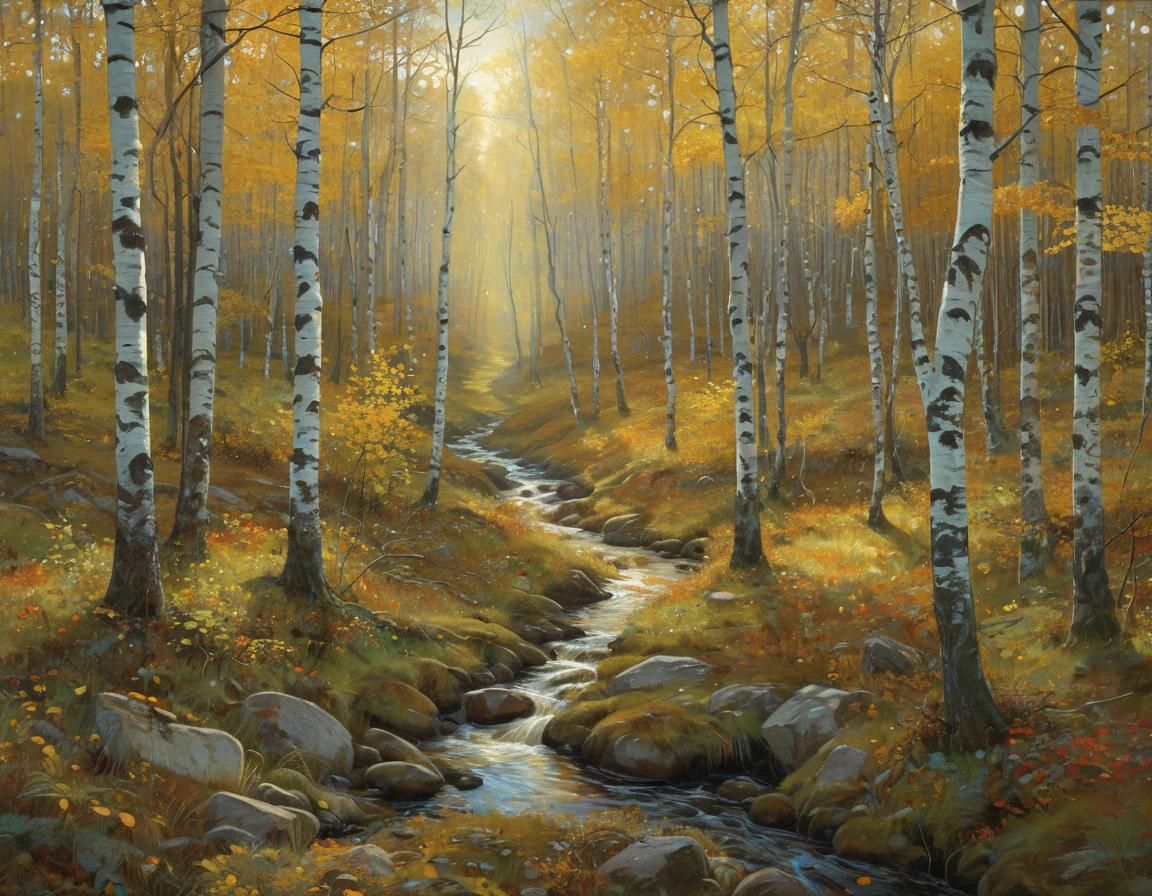 Autumnal Birch Forest Stream in Art Nouveau Style