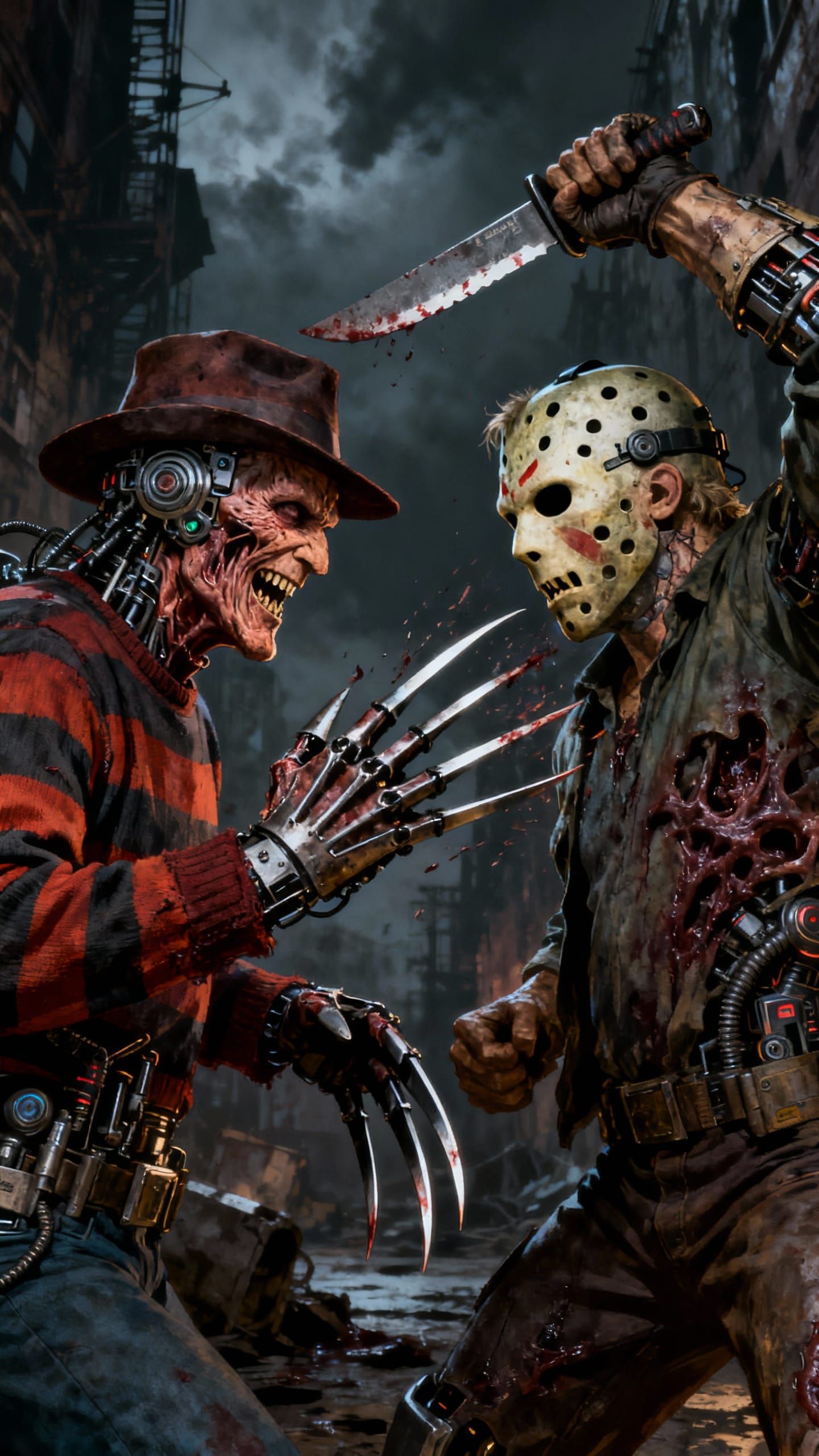 Freddy vs Jason Hyper-Realistic Battle in Biopunk Style