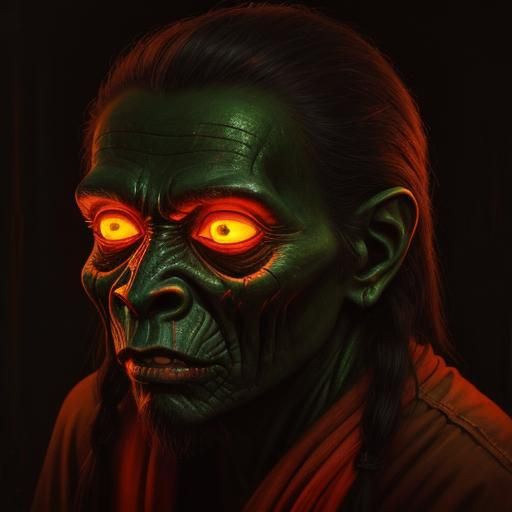 Glowing Hominids in Basement: Sinister Oil Painting