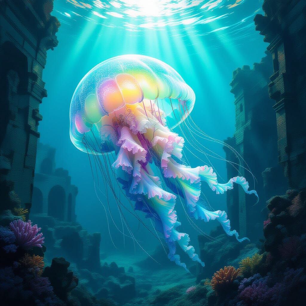 Colossal Jellyfish in Submerged City Ruins, Scratch Art Styl...