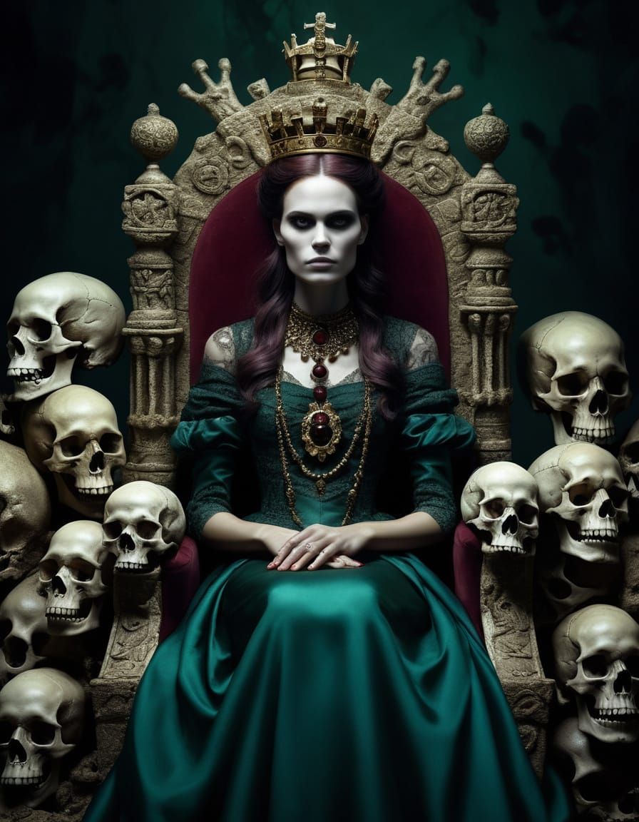 Regal Dark Goddess on Throne of Skulls in Deep, Mysterious L...
