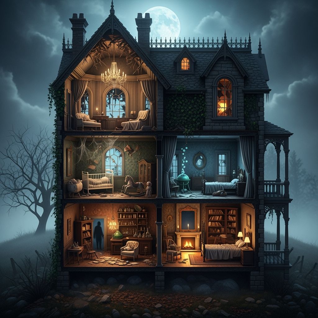 Haunted House Cut-Away View in Cinematic Style