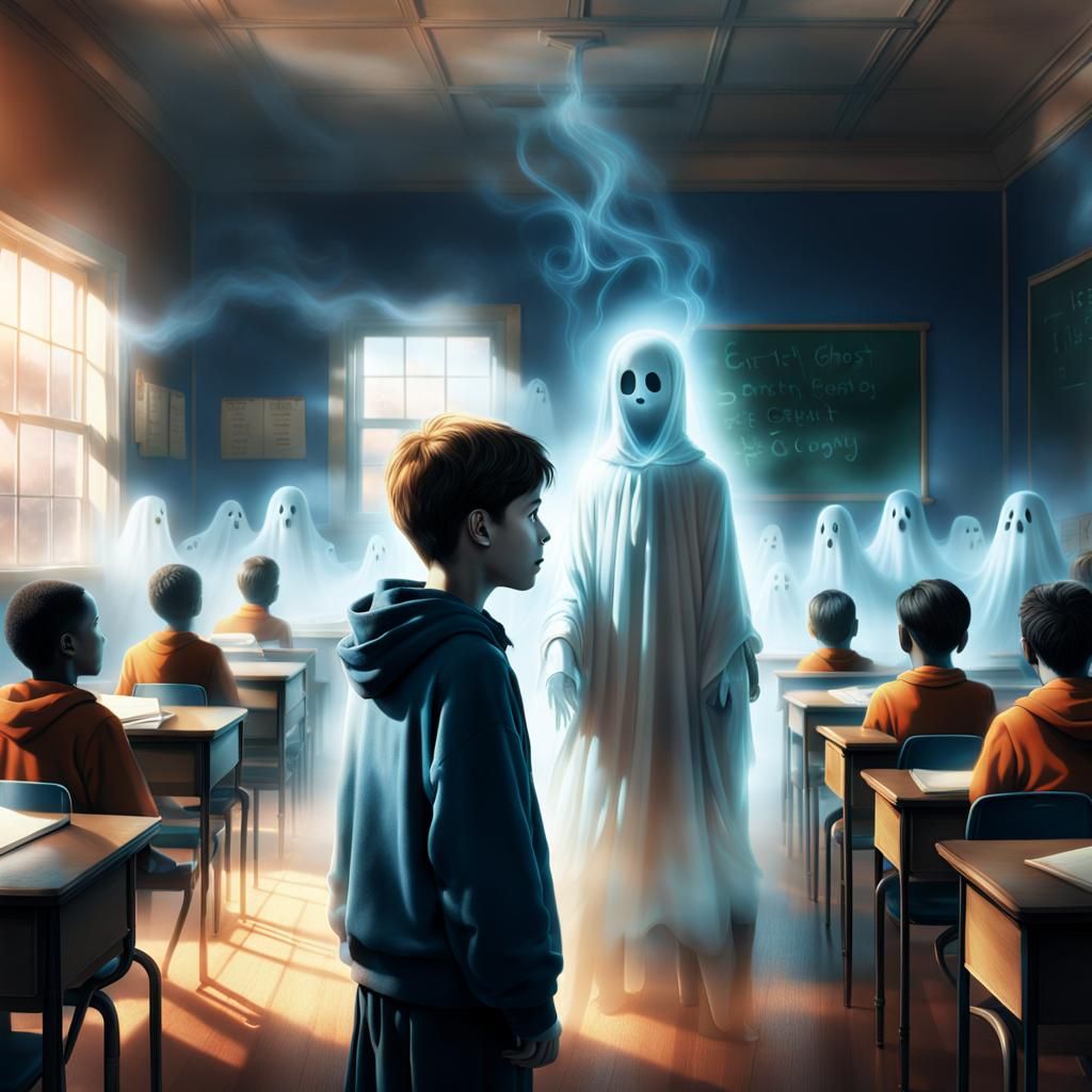 Ethereal Ghost Boy Longing in Classroom: Matte Painting