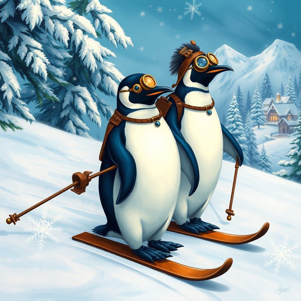 Steampunk Penguins Skiing in Vibrant Winter Wonderland