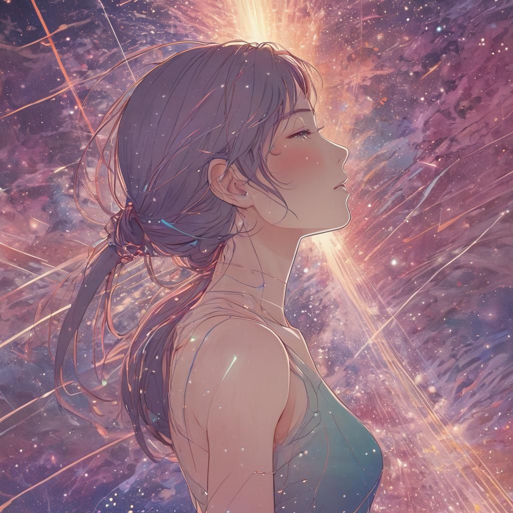 Anime Woman Embracing Imperfection with Glowing Stardust