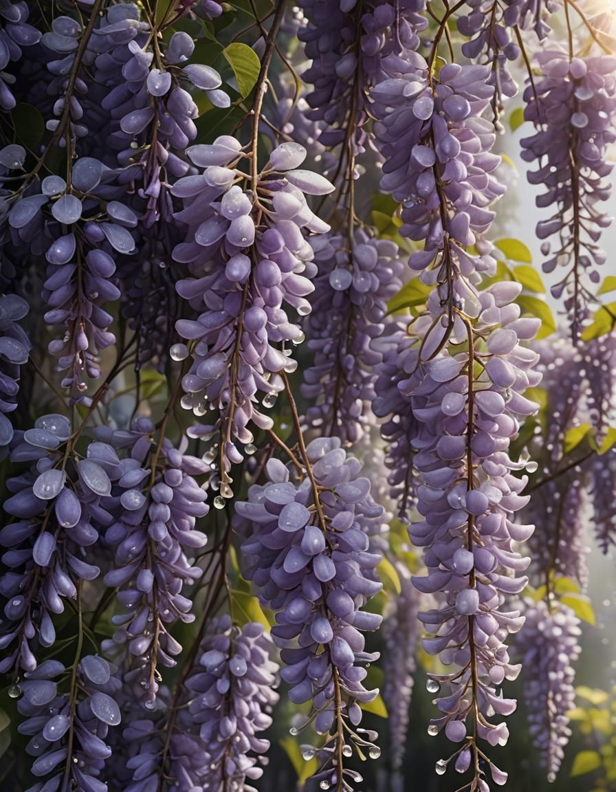 Glistening Wisteria in Morning Dew, Watercolor Style