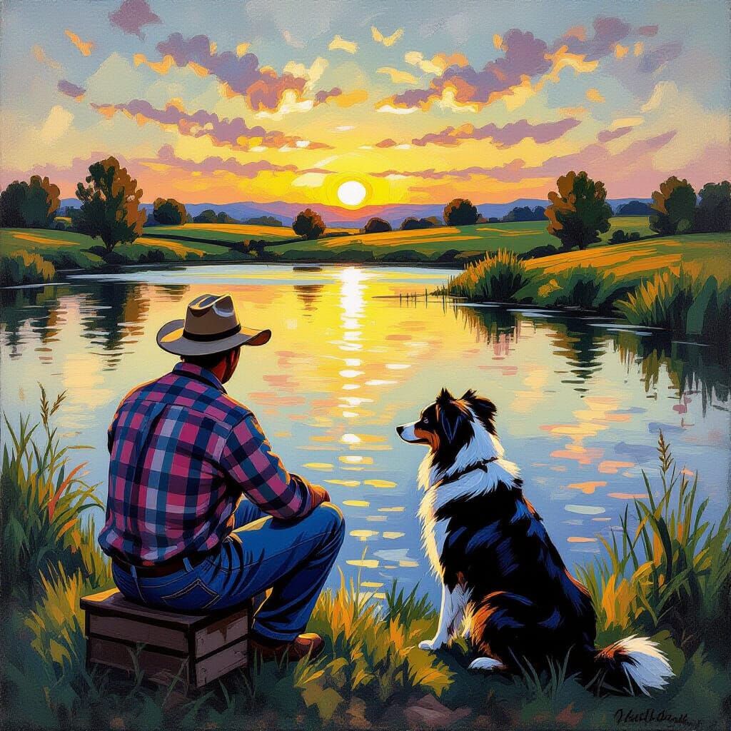 Farmer and Collie at Sunset: Impressionist Style