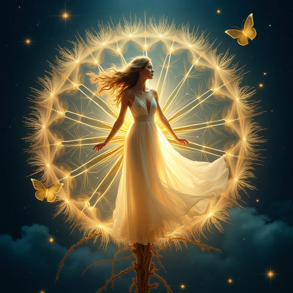 Golden Goddess Amidst Celestial Dandelion