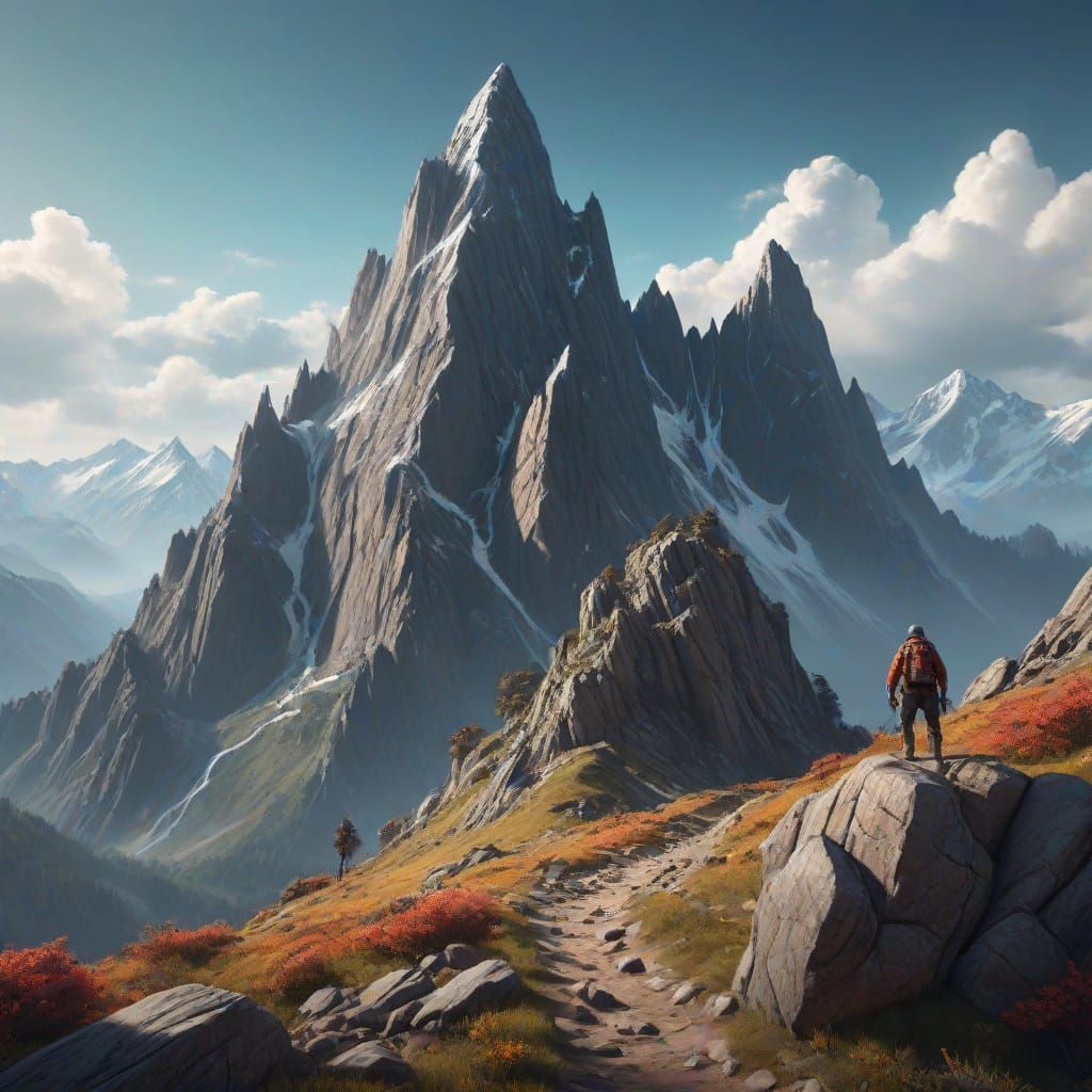 Detailed Mountain Climbing Scene in Deep Color