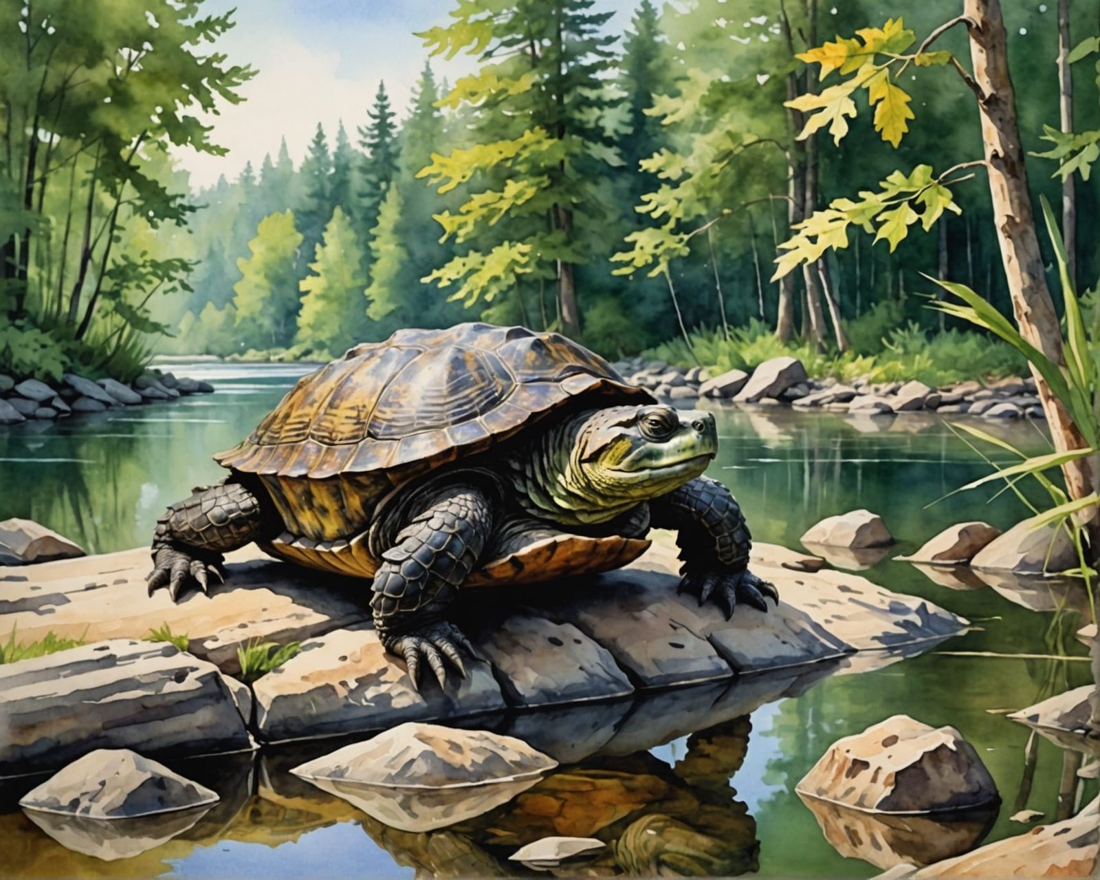 Alligator-Snapping Turtle Basking: Watercolor Illustration