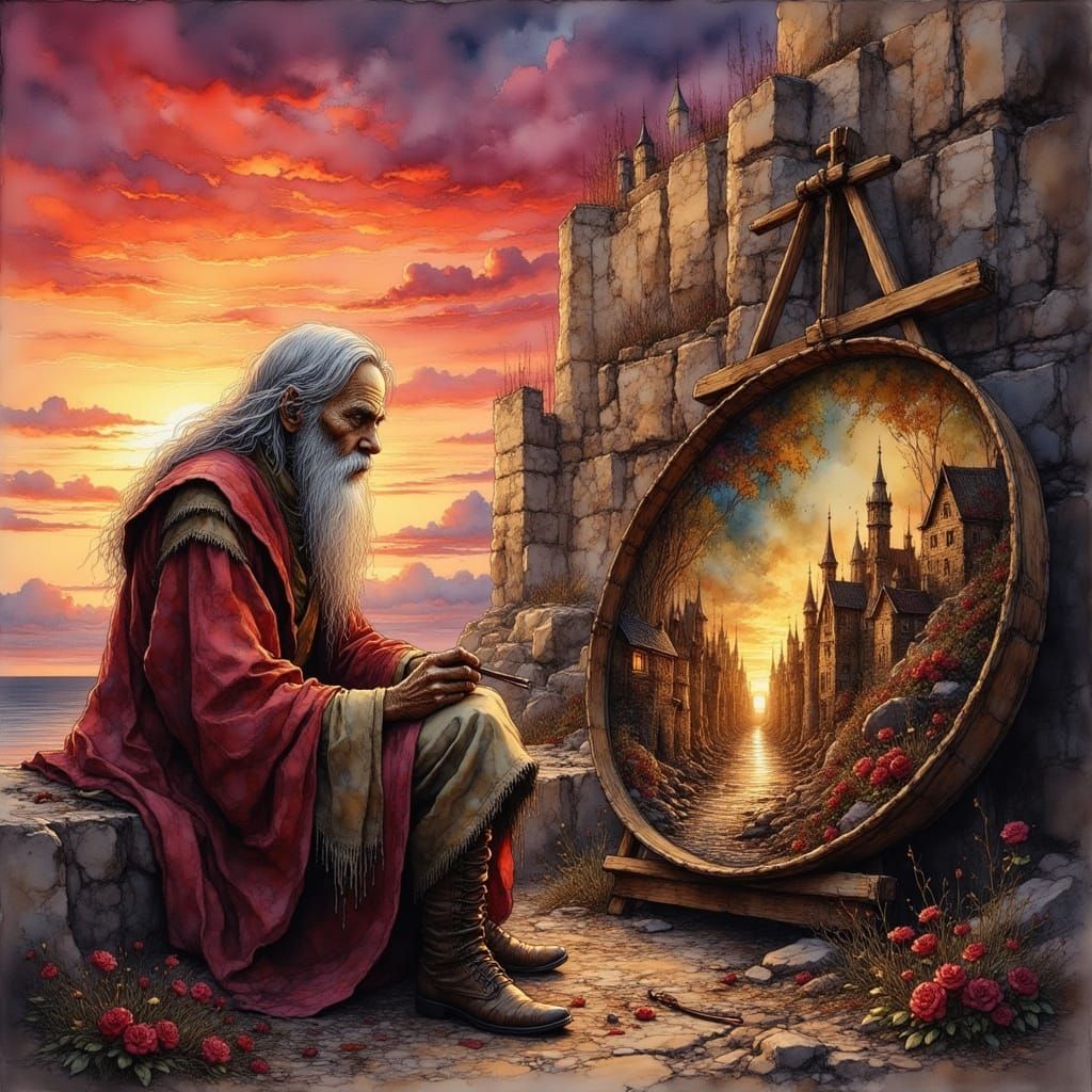 Elderly Artist Paints Medieval Scenes at Castle