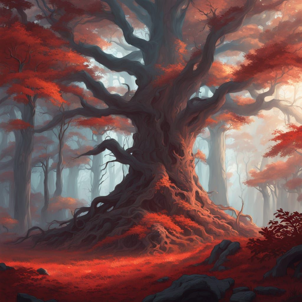 Mystical Red Forest Shrouded in Ethereal Fog