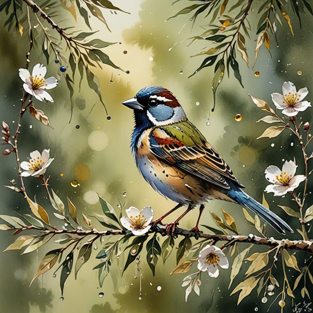 Sparrow in Vibrant Sequins on an Olive Branch