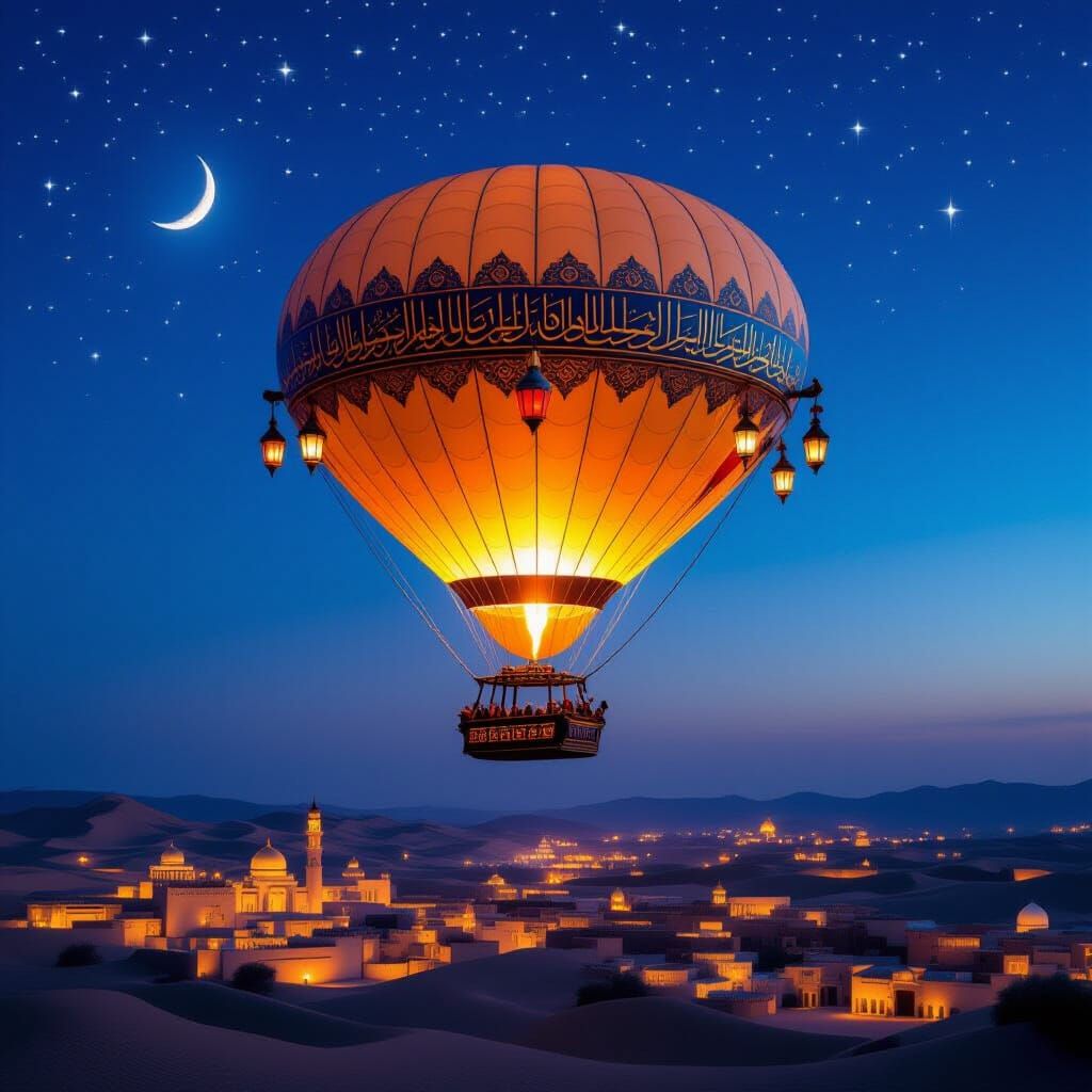 Majestic Arabian Airship Over Desert City at Blue Hour
