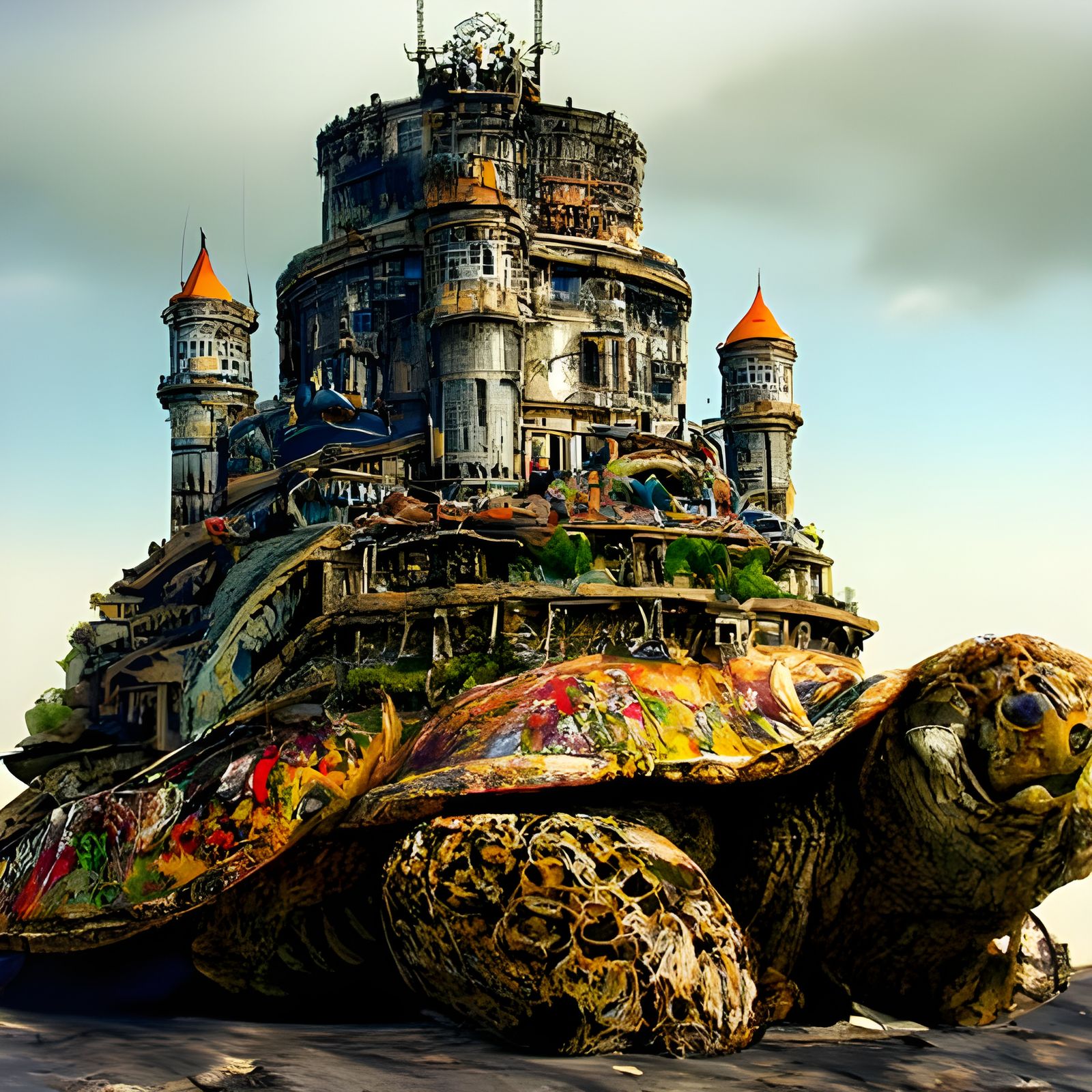 Fantasy Castle on Giant Tortoise in Dystopian World