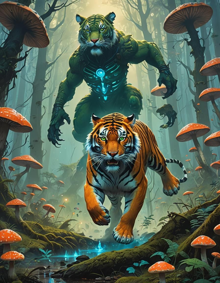 Luminescent Tiger Leaping Through Mystical Forest