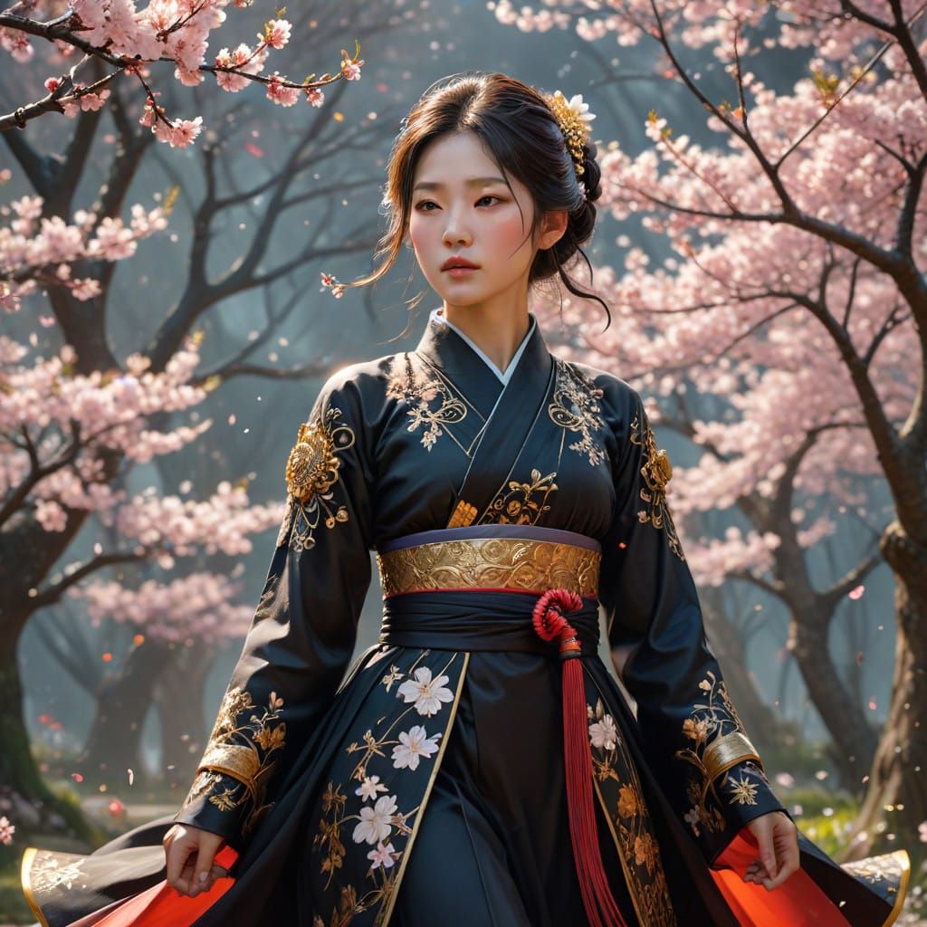 Ethereal Joseon Warrior Maiden Amid Cherry Blossom Garden