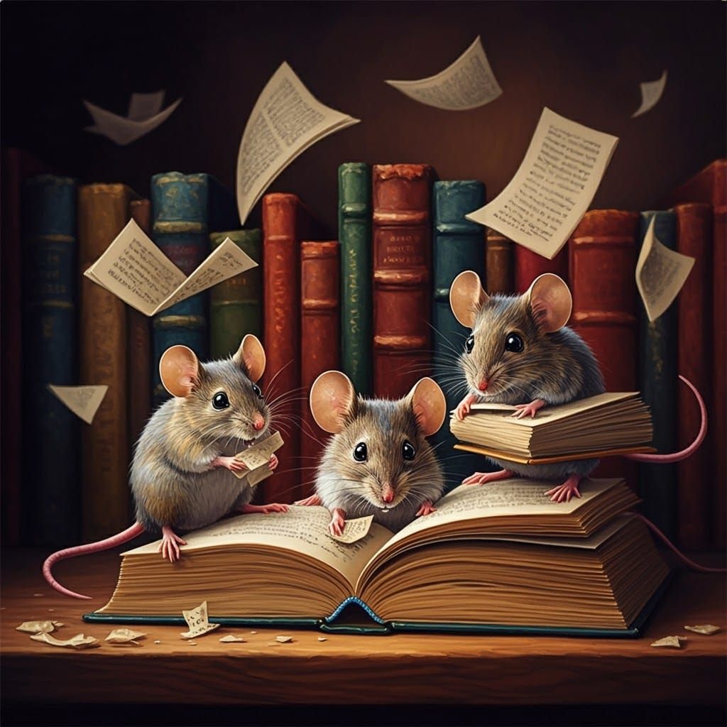 Mice Munching Books in Whimsical Oil Painting